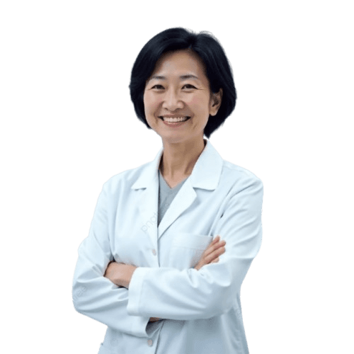 Asian female doctor in a blazer, professional headshot, clinic background