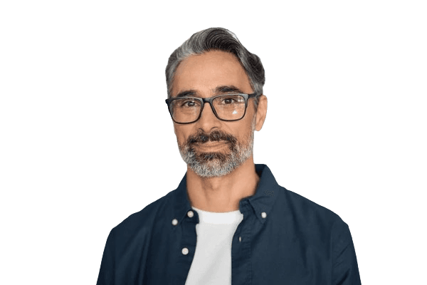 Professional European male in his 50s wearing glasses, corporate office setting