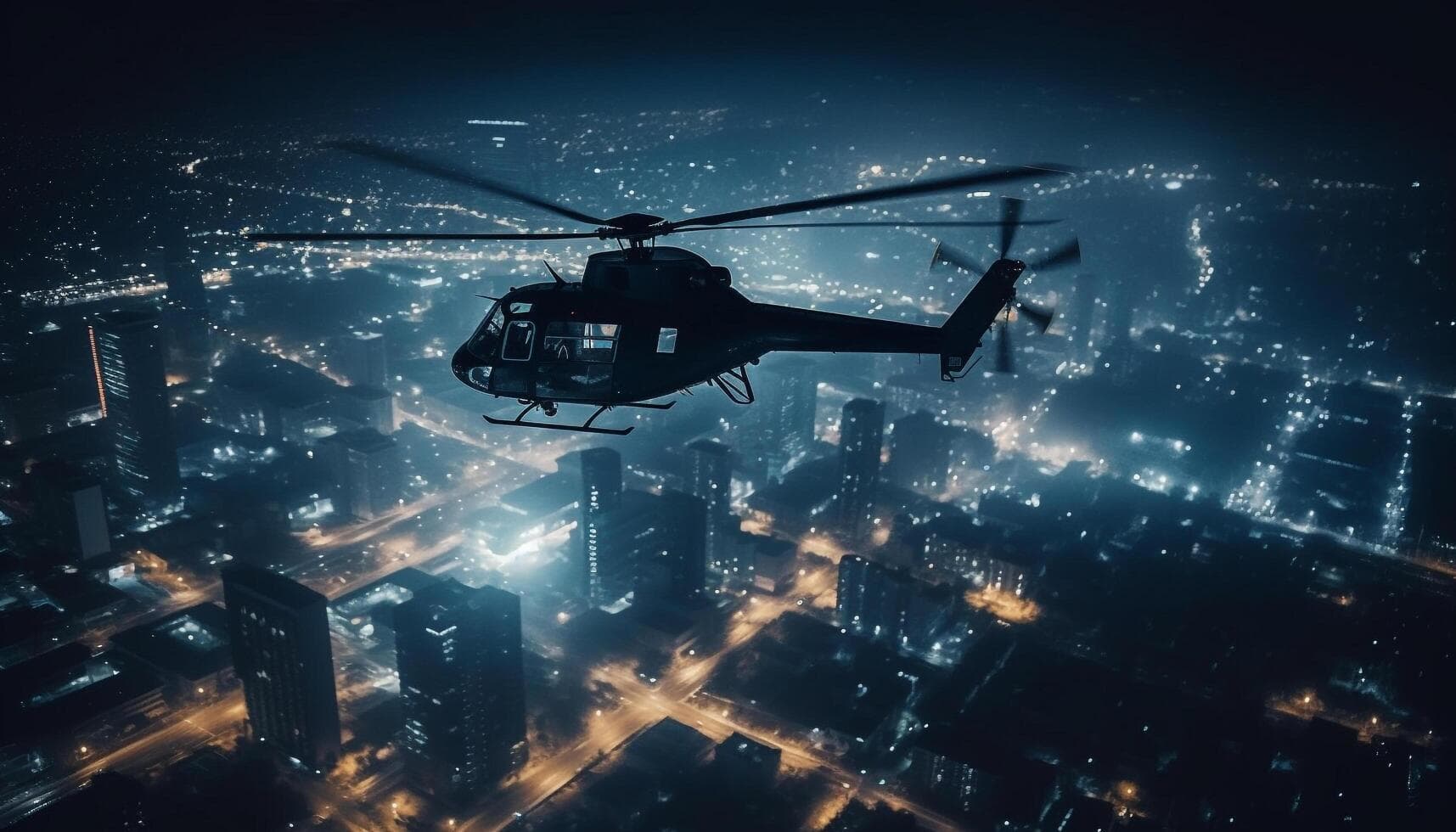 Air ambulance flying over city at dusk