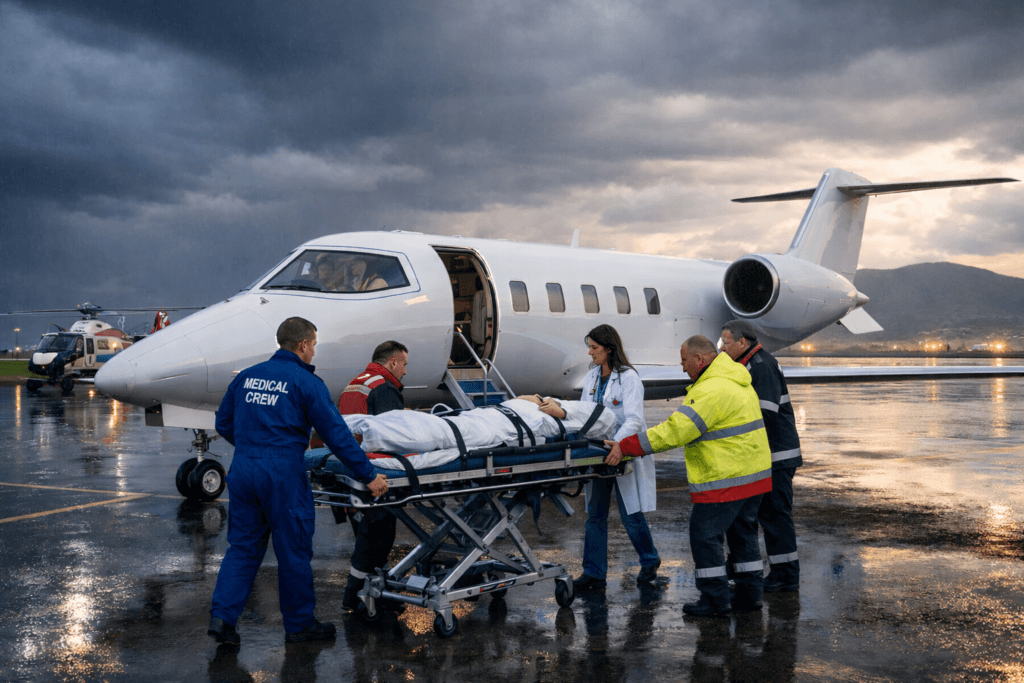Air ambulance medical crew in flight suits gathered around a mission briefing table studying maps and patient charts before a flight